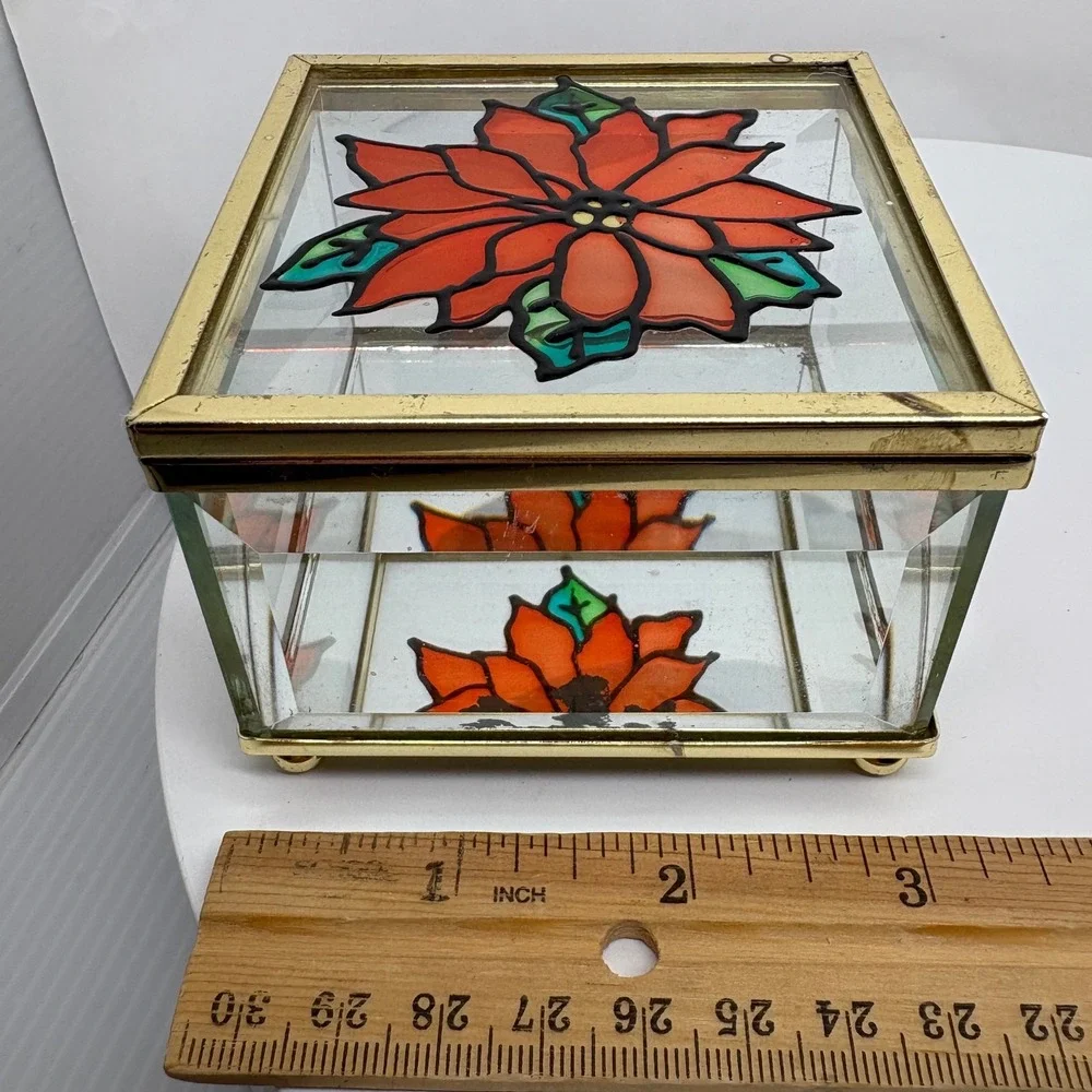Vtg Glass Jewelry Box Poinsettia Stained Glass Hinged Keepsake Trinket Organizer